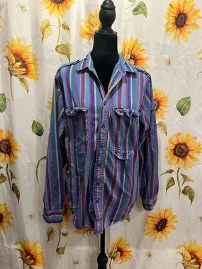French Connection Men's Striped Button-Up Shirt Jacket in Purple & Teal